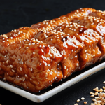 **

Crispy-on-the-outside, tender-on-the-inside tempeh with a glossy, dark glaze, garnished with sesame seeds.

**