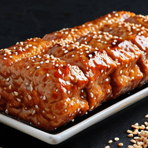 Home 11 **
Crispy-on-the-outside, tender-on-the-inside tempeh with a glossy, dark glaze, garnished with sesame seeds.
**