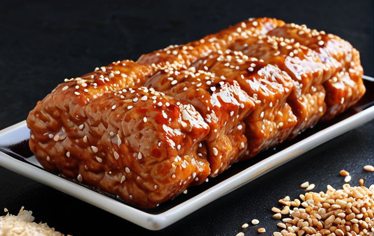 **
Crispy-on-the-outside, tender-on-the-inside tempeh with a glossy, dark glaze, garnished with sesame seeds.
**