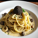 **

A beautifully plated vegan carbonara with truffle oil drizzle, showcasing the rich, dark color of the truffle and the creamy texture of the sauce. Focus on the gourmet presentation, making it look like a dish from a high-end restaurant.

**