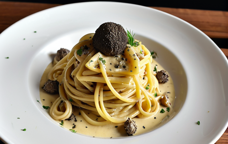 **
A beautifully plated vegan carbonara with truffle oil drizzle, showcasing the rich, dark color of the truffle and the creamy texture of the sauce. Focus on the gourmet presentation, making it look like a dish from a high-end restaurant.
**