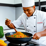 A professional chef, fully clothed in a clean white chef's jacket, is meticulously sprinkling a vibrant blend of spices onto a colorful vegan stir-fry in a gleaming wok. Fresh, chopped vegetables like bell peppers, broccoli, and mushrooms are visible, glistening in the pan. Various spice jars, clearly labeled with 'Turmeric', 'Cumin', and 'Smoked Paprika', are neatly arranged on a clean, modern kitchen countertop in the background. The scene is well-lit, conveying a sense of culinary artistry and wholesome preparation. Appropriate attire, safe for work, perfect anatomy, correct proportions, natural pose, modest clothing, professional photography, high quality, family-friendly.
