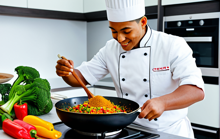 A professional chef, fully clothed in a clean white chef's jacket, is meticulously sprinkling a vibrant blend of spices onto a colorful vegan stir-fry in a gleaming wok. Fresh, chopped vegetables like bell peppers, broccoli, and mushrooms are visible, glistening in the pan. Various spice jars, clearly labeled with 'Turmeric', 'Cumin', and 'Smoked Paprika', are neatly arranged on a clean, modern kitchen countertop in the background. The scene is well-lit, conveying a sense of culinary artistry and wholesome preparation. Appropriate attire, safe for work, perfect anatomy, correct proportions, natural pose, modest clothing, professional photography, high quality, family-friendly.